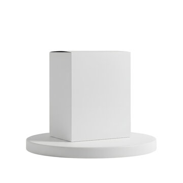 Blank White Product Box Mockup on a Circular Platform Perfect for Packaging Design Presentations