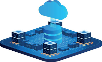 Aufkleber - Modern cloud computing concept featuring digital icons and interconnected nodes for secure data management. Data connection and protection. Concept. Digital information. Isometric. Clouds, technology