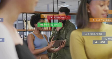 Poster - Woman holding tablet and man listening in tech activating social alerts floating showing engagement