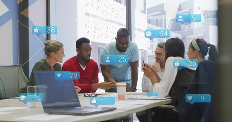 Poster - Coworkers tapping phone and floating rising social media badges, tracking growth for campaign