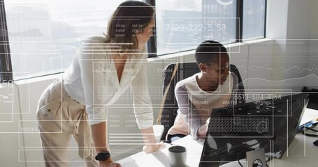 Poster - Business coworker leaning onto desk and pointing at monitor, guiding seated coworker typing report
