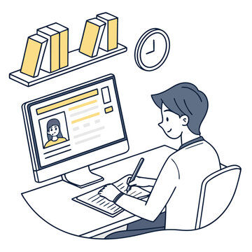 Illustration of a man at a desk working on a computer with books and a clock in the background area