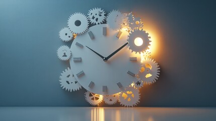 Poster - White clock surrounded by gears, illuminated,  modern design,  time management concept