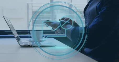 Poster - Glowing Cybersecurity graphic fading prompts expert typing on laptop, scrolling smartwatch for data