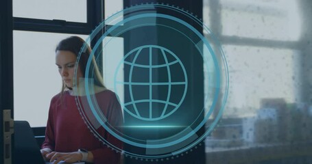 Poster - Woman typing on laptop and activating shield icon rotating into globe for cybersecurity check
