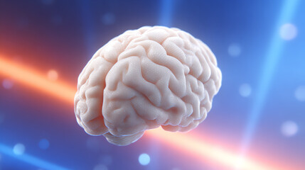 Aufkleber - A detailed visualization of a human brain, showcasing its complex structure against a colorful background of blue and orange lights.