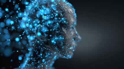 Poster - A digital representation of a human silhouette composed of glowing blue particles, symbolizing innovation and advanced technology.