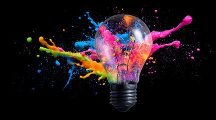 Leinwandbilder - A vibrant light bulb bursts with colorful paint splashes, symbolizing creativity and innovation in technology and design.