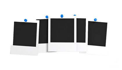 Poster - Arrangement Of Blank Photo Frames Displayed On A Dark Background With Blue Pins And White Border Isolated Transparent Background