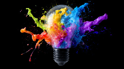 Poster - A vibrant light bulb bursting with colorful splashes of paint, symbolizing creativity and innovation in modern technology.