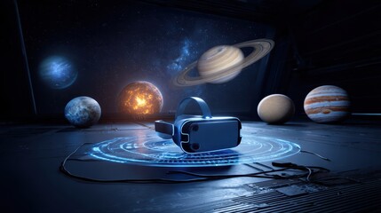 Poster - Virtual reality headset positioned on a platform displaying a simulated space scene.