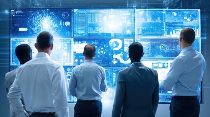 Poster - Business team observing large digital displays.