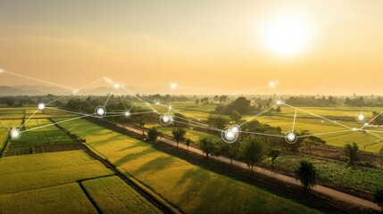 Poster - Aerial view of agricultural fields with interconnected network graphic.