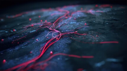 Poster - Abstract digital network design with crimson lines and specks.