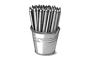 Poster - Bucket of Pencils Hand Drawn Illustration, Art Supplies, School Equipment