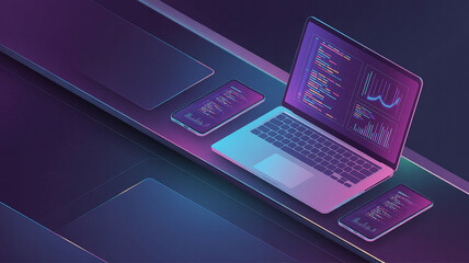 Glowing devices displaying code and charts laptop phone