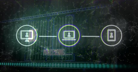 Poster - Starting dark network device icons linking and processing identities with moving progress bar