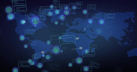 Fototapete - Upon map loading nodes pulsing, chat icons floating while lines connecting regions forming network