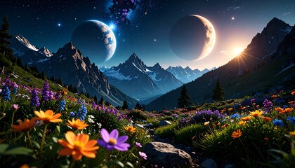 mountain valley with flowers and planets in night sky