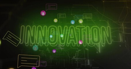 Poster - Red network filling starting neon avatars swirling to center innovation glowing teal showing growth