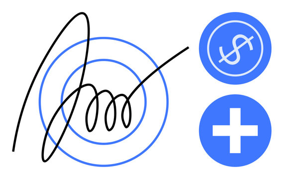 Hand-drawn signature with target rings, dollar sign circle, and medical cross suggesting authorization, financial dealings, healthcare, security, and personal identity. Ideal for finance, healthcare