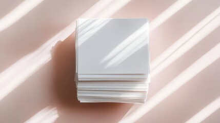 Poster - Stack of blank white sheets on a pale pink surface.