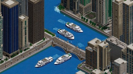Poster - Cityscape with river and boats, pixel art style.