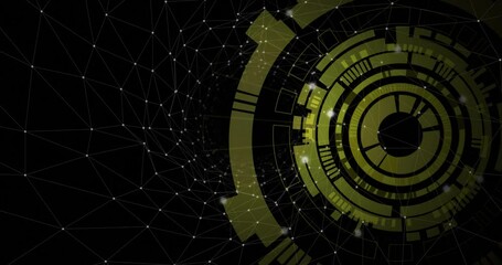 Poster - Circles emerging from right rotating with particles looping while visualizing network interaction