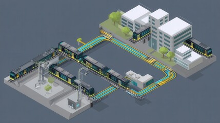 Poster - Urban transportation system with multiple train lines and stations.