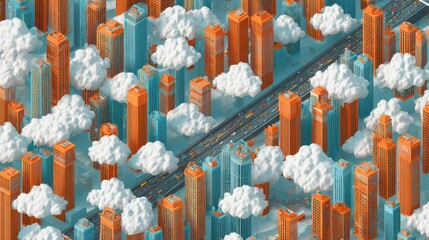 Poster - Cityscape with floating clouds and skyscrapers.