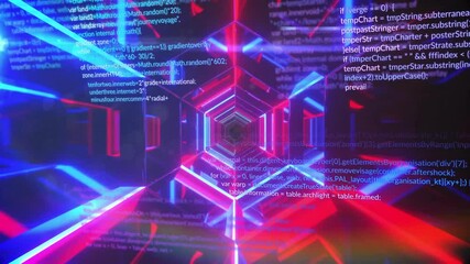 Poster - On receiving signal, hexagonal neon tunnel rotating while scrolling code visualizing data flow