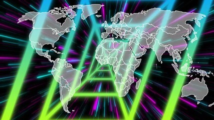 Poster - Neon frame appearing, tunnels forming, streaks shooting, world map expanding showing global network
