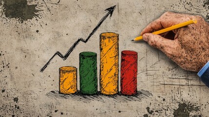 Poster - Strategic Ascent: A hand with a pencil meticulously charts a visual depiction of growth, symbolizing expansion, financial success, and analytical planning in business endeavors.