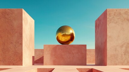 Poster - Golden Sphere on Coral Blocks: A gleaming golden sphere rests serenely atop a coral-colored block, nestled within a minimalist architectural landscape under a vibrant blue sky.