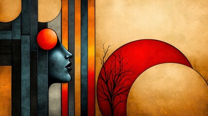 Poster - Contemplative Silhouette: A unique and abstract artistic expression, showcasing a profile portrait alongside celestial shapes.