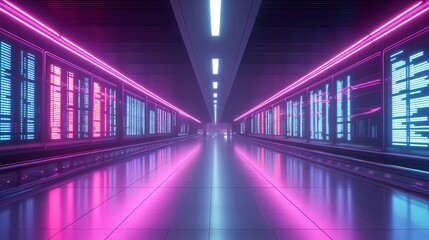 Poster - Neon-lit corridor with glowing data displays.