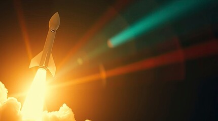 Wall Mural - A rocket, featuring bright lens flares, warm terracotta and cool turquoise tones, earthy and cool contrasts, streaks of light, vibrant colors, film-like composition and lighting