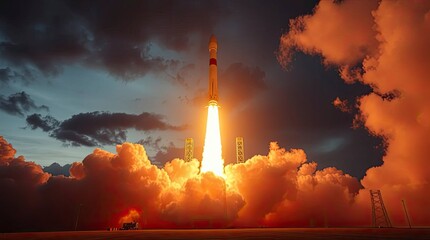 Wall Mural - Rocket launch, film-like composition using low angles, lighting emphasizing the exhaust and surrounding clouds, using a predominantly warm color palette