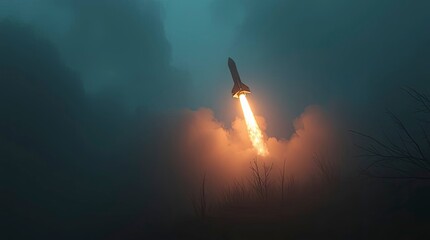 Wall Mural - A rocket soaring through a thick, foggy landscape, rendered in dark, unsettling tones with low visibility and an eerie, creepy atmosphere