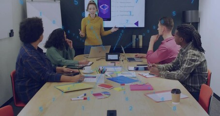 Poster - Mid adult woman starting presentation in business meeting generating animated overlays on display