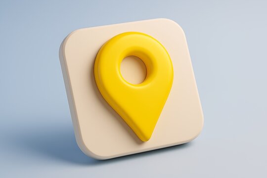 Modern 3d yellow map pin icon on a rounded square beige background