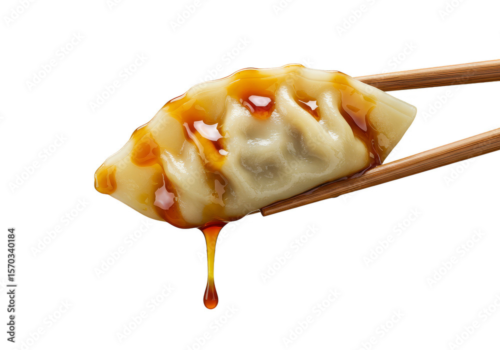 Isolated PNG Appetizing Gyoza Brown Sauce Hold in Chopsticks Cuisine
