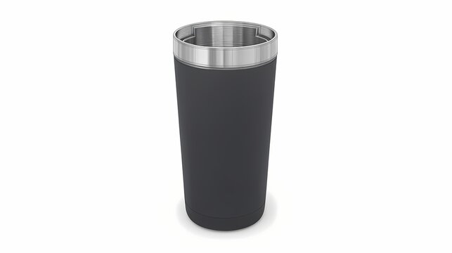 A dark gray tumbler with a metallic rim.
