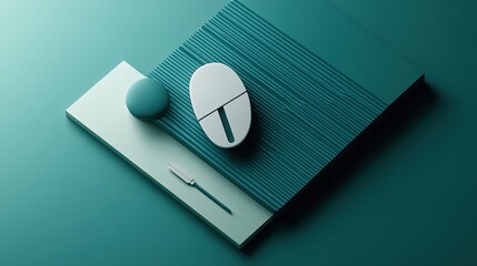 Poster - A computer mouse and accessories on a teal surface.