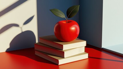 Poster - A red  rests atop a stack of books.