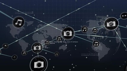 Aufkleber - Central camera icon appearing on dotted map spawning music-note and camera icons connecting network