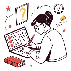 Poster - Woman Working on Laptop at Desk with Book and Pencil