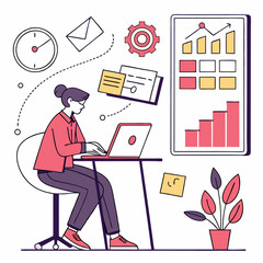 Poster - Woman Working on Laptop at Desk with Charts and Email