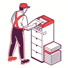Poster - Worker Using Office Printer, Isometric Illustration