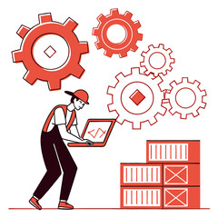 Poster - Worker Using Laptop Amidst Gears and Shipping Containers